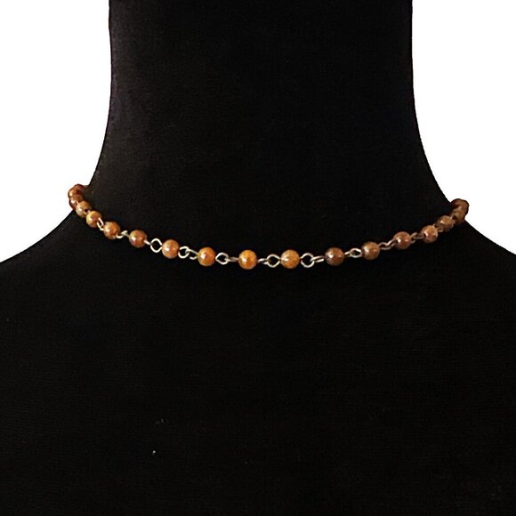 SARAH Beaded Choker Necklace Brown Antique Gold Tone Adjustable Length - Picture 1 of 4